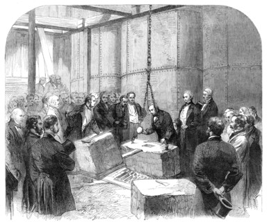 Laying the Foundation-Stone of the Thames Embankment at Whitehall Stairs, 1864. Creator: Unknown.