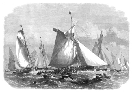 A Barking carrier collecting fish from the trawl fleet on the Doggerbank, 1864. Creator: Smyth.