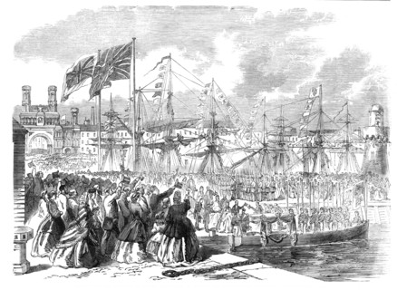 The Prince and Princess of Wales embarking at Dundee for Denmark on Saturday last, 1864. Creator: Unknown.