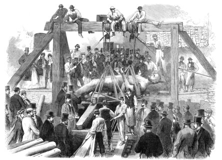 Raising the colossal bronze statue of Hercules found underground in the Campo dei Fiori, Rome, 1864. Creator: Unknown.