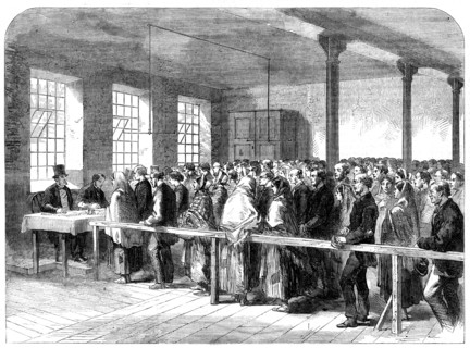 The Cotton Famine: distributing tickets for bread, soup, meat, meal, coal etc, Manchester, 1862. Creator: Unknown.