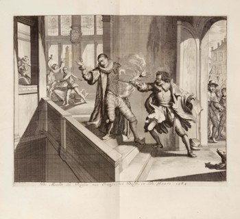 Murder of the Prince of Orange in Delft in 1584, c. 1680. Creator: Luyken, Jan (Johannes) (1649-1712).
