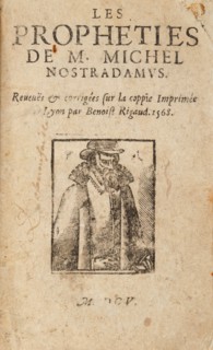 Les Propheties de M. Michel Nostradamus (Title page with portrait), 1605. Creator: Anonymous.