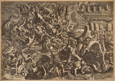 The Trojans repulsing the Greeks. After Giulio Romano, 1538. Creator: Scultori (called Mantovano), Giovanni Battista (1503-1575).