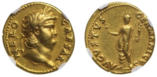 Aureus of Emperor Nero. Obverse: Laureate head of Nero. Reverse: The Colossus of Nero , 54-68. Creator: Numismatic, Ancient Coins  .