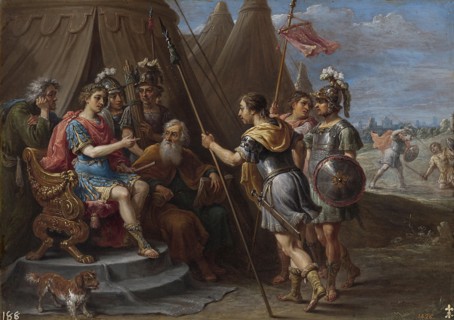 Godfrey and the council listen to the demand of Armida, 1628-1630. Creator: Teniers, David, the Younger (1610-1690).