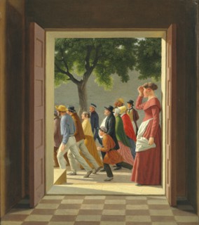 View through a door to running figures, 1845. Creator: Eckersberg, Christoffer-Wilhelm (1783-1853).