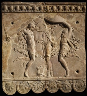 Corybantian dance. Terracotta Campana relief: three Curetes with swords and shields..., 50 BC-100. Creator: Classical Antiquities.