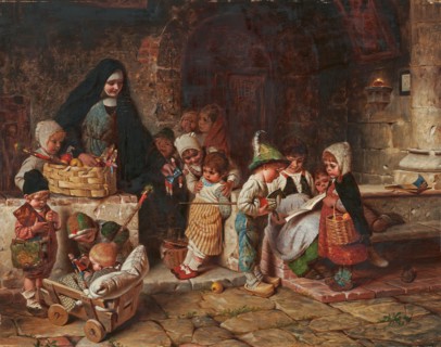 In the orphanage. Young nun distributes toy figures and apples to the children. Creator: Kaulbach, Hermann von (1846-1909).