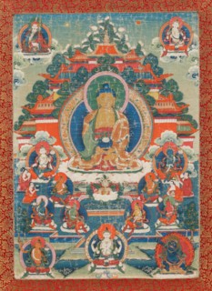 Thangka of Amitabha in the pure land of Sukhavati, 19th century. Creator: Tibetan Culture.