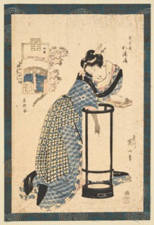 Bijin in front of a Maruandon, dressed in yukata. Creator: Eizan, Kikukawa (1787-1867).
