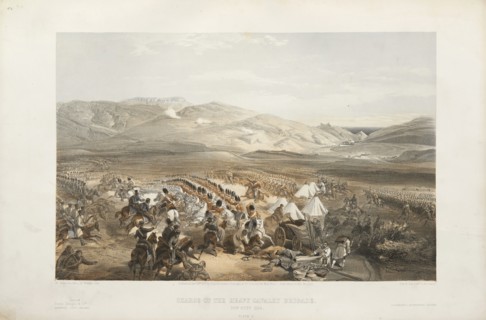 The attack of the heavy cavalry brigade in the Battle of Balaklava on October 25, 1854, 1854-1855. Creator: Simpson, William (1832-1898).
