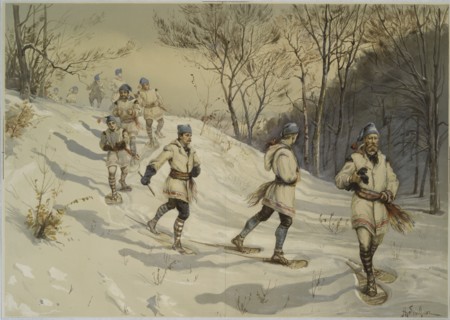 Snowshoeing, c.1880. Creator: Sandham, Henry (1842-1910).