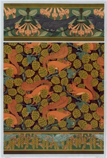 Swifts and honeysuckle. Squirrel and hazelnut. Birds and blooming hazel tree, 1897. Creator: Verneuil, Maurice Pillard (1869-1942).