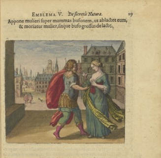 Emblem 5. Put the toad on the woman's breast so that it sucks, and the woman dies, and the..., 1618. Creator: Merian, Matthäus, the Elder (1593-1650).