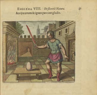 Emblem 8. Take the egg and hit it with a glowing sword, 1618. Creator: Merian, Matthäus, the Elder (1593-1650).