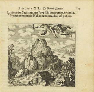 Emblem 12. The stone that Saturn ate and spat out before Jupiter's son is remembered..., 1618. Creator: Merian, Matthäus, the Elder (1593-1650).