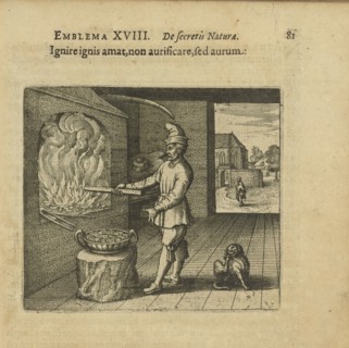 Emblem 18. Fire makes fiery, not gold, but gold. From "Atalanta fugiens" by Michael Maier, 1618. Creator: Merian, Matthäus, the Elder (1593-1650).
