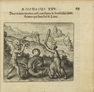 Emblem 25. The dragon does not die unless killed by his brother and sister, which are Sol..., 1618. Creator: Merian, Matthäus, the Elder (1593-1650).