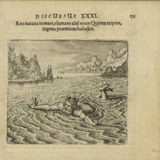 Emblem 31. The king, swimming in the sea, cries out with a loud voice: Whoever saves me..., 1816. Creator: Merian, Matthäus, the Elder (1593-1650).