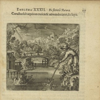 Emblem 32. The coral as it grows under the water and is hardened by air, so does the stone, 1816. Creator: Merian, Matthäus, the Elder (1593-1650).
