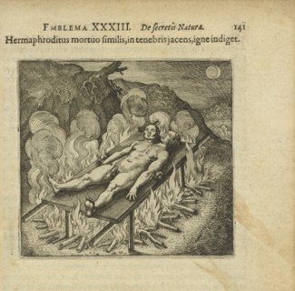 Emblem 33. The hermaphrodite, lying like a dead person in darkness, needs fire, 1816. Creator: Merian, Matthäus, the Elder (1593-1650).