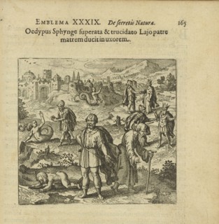 Emblem 39. Oedipus, after defeating the Sphynx and killing his father, takes his mother..., 1816. Creator: Merian, Matthäus, the Elder (1593-1650).