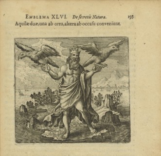 Emblem 46. Two eagles, one from the east, the other from the west, come together, 1816. Creator: Merian, Matthäus, the Elder (1593-1650).