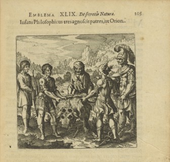 Emblem 49. The philosophical child recognizes three fathers, like Orion, 1816. Creator: Merian, Matthäus, the Elder (1593-1650).