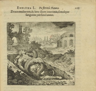 Emblem 50. The dragon killed the woman and she killed him, and both are covered in blood, 1816. Creator: Merian, Matthäus, the Elder (1593-1650).