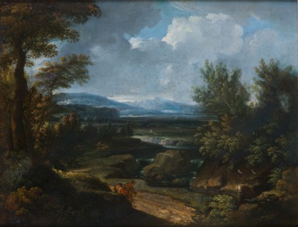 Landscape with village, waterfall and shepherd. Creator: Dughet, Gaspard (1615-1675).