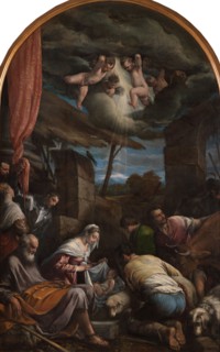 The Adoration of the Shepherds with Saints Victor and Corona, 1568. Creator: Bassano, Jacopo, il vecchio (around 1510-1592).