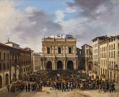 The Brescians gather in Piazza della Loggia on March 23, 1849, 1849. Creator: Joli, Faustino (1814-1876).