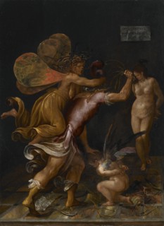 The chastisement of love (Cupid is whipped by Mars, pursued by a fury), End of 16th century. Creator: Mainardi, Camillo (1544/49-1608).