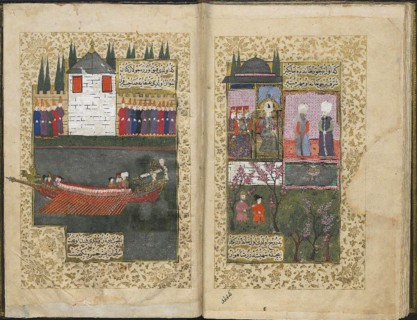 The new kiosk and caique built by Osman II, from Sehname-i Nadiri (Topkapi Palace Museum..., c.1622. Creator: Turkish Master.