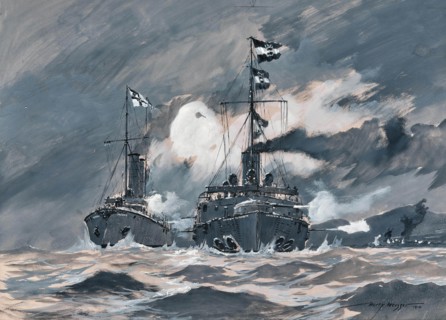 The last days of the cruiser Kaiserin Elisabeth in the fight against Japanese superiority..., 1914. Creator: Heusser, Heinrich (Harry) (1886-1943).