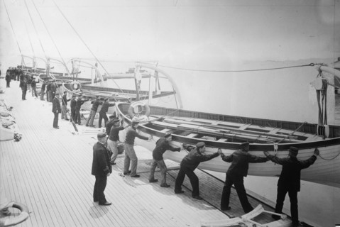 Life boat drill, Holland America Line - putting boats over the side, between c1910 and c1915. Creator: Bain News Service.