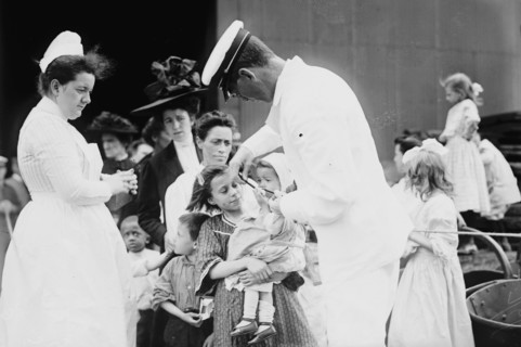 Hospital boat, a mother, her child, and a doctor, upper deck, 1910. Creator: Bain News Service.