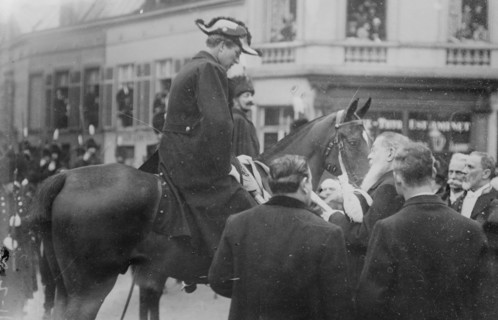 King Albert on horse at King Leopold's funeral, Belgium, 1910. Creator: Bain News Service.