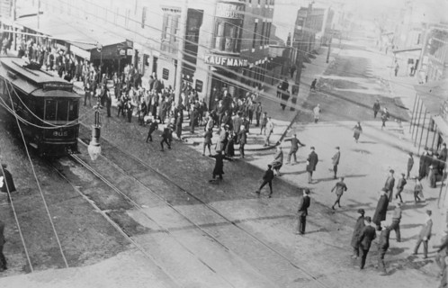 Rioters stoning a trolley car, Philadelphia, 1910. Creator: Bain News Service.