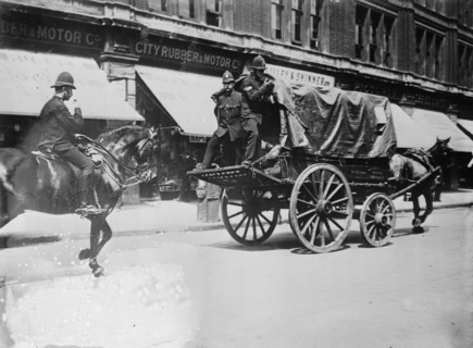 London Strike. Police escort for one van., between c1910 and c1915. Creator: Bain News Service.