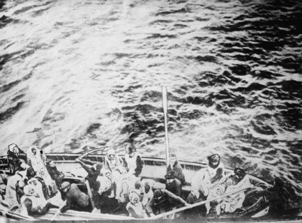 Titanic survivors on way to rescue-ship Carpathia, 1912. Creator: Bain News Service.