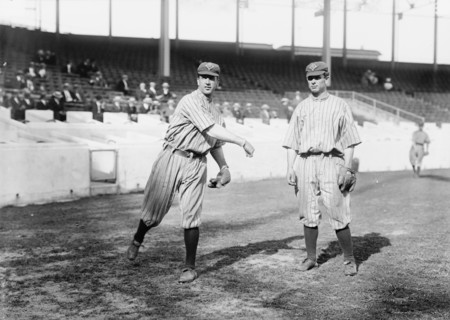 Bob Fisher & George Cutshaw, Brooklyn NL, at the Polo Grounds, NY (baseball), 1912. Creator: Bain News Service.