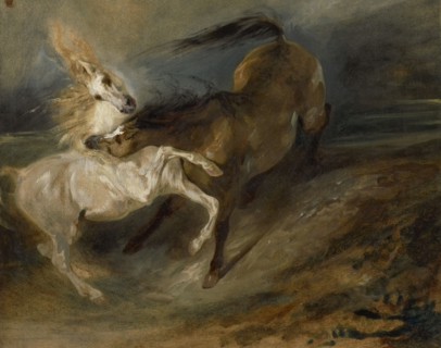 Two Horses Fighting In A Stormy Landscape, c1828. Creator: Eugene Delacroix.