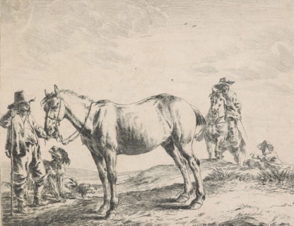Horse, peasant, man and two dogs, 1651. Creator: Dirck Stoop.