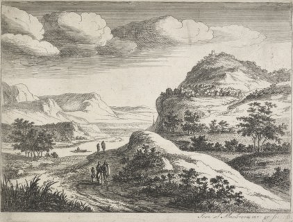 Six landscapes. Plate 6: Three figures standing on a country road, 1683. Creator: Jan van Almeloveen.