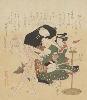 Men dancing to samisen music, from the series Shokoku meibutsu (Famous products..., 1890-1895. Creator: Totoya Hokkei.