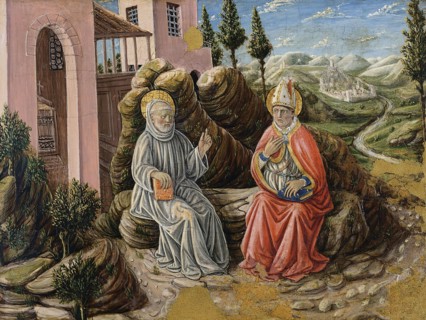 Saint Sabinus conversing with St. Benedict, 1473. Creator: Giovanni Boccati.