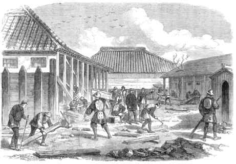 Barracks for British troops in course of erection at Yokohama...by our special artist in Japan, 1864 Creator: Unknown.