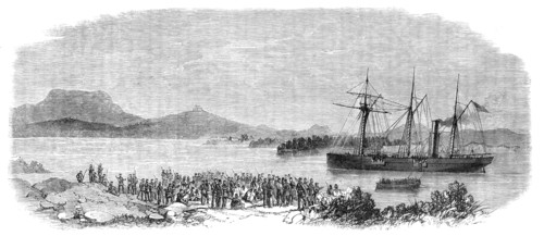 The War in New Zealand: Maori prisoners...waiting to be placed on board H.M.S. Pioneer, 1864. Creator: Unknown.